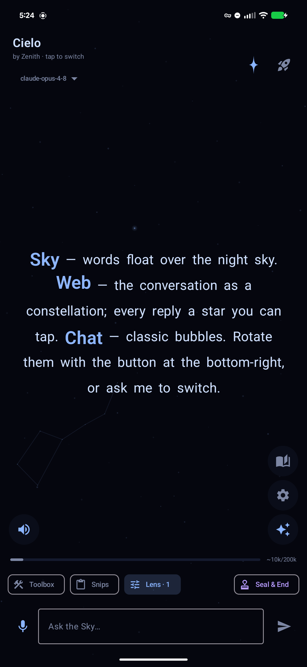 Sky view — Cielo's words rising as light across the night sky