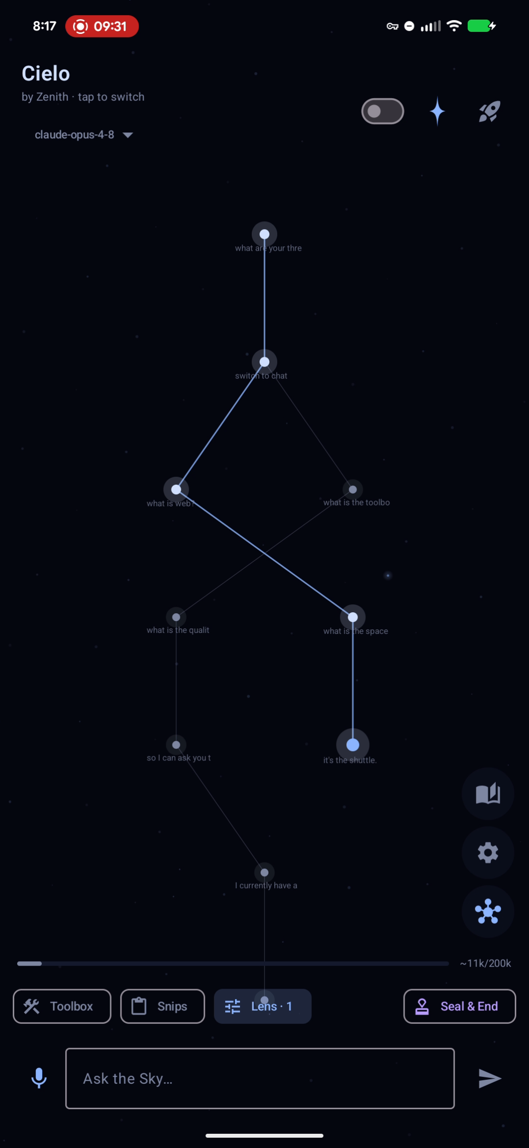 Flow view — the conversation as a constellation of dots and lines