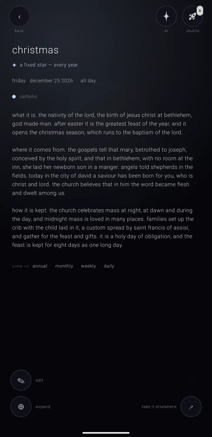 The christmas page in the catholic almanac with three paragraphs of notes.