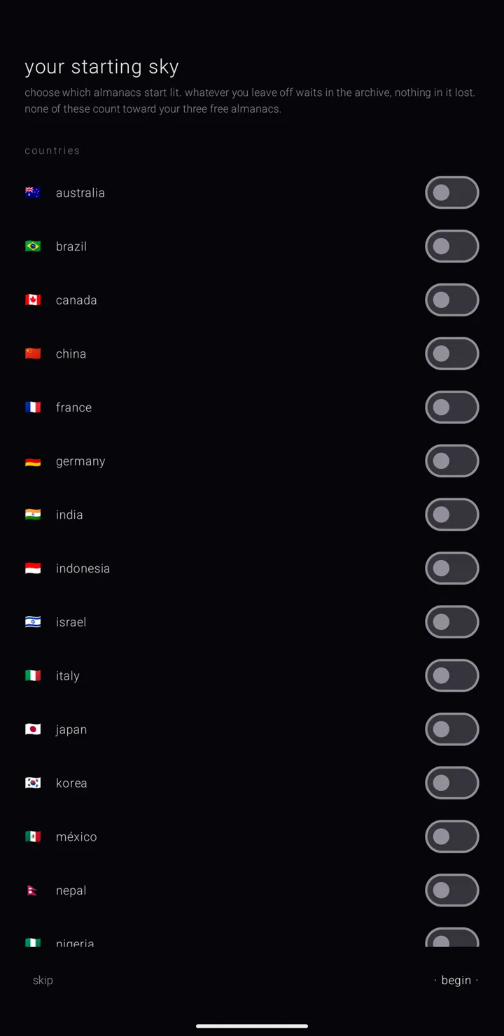 The your starting sky page listing countries with flags and switches.