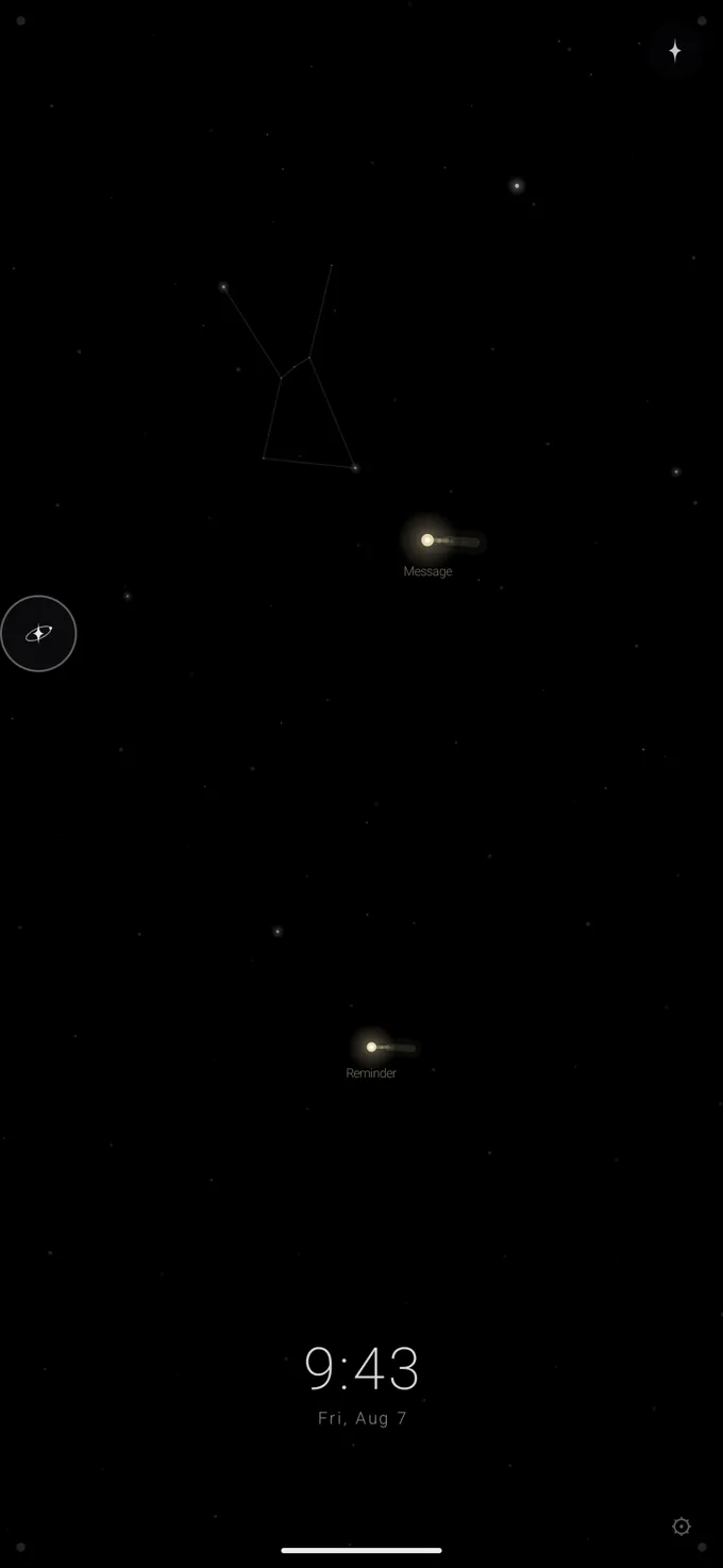 Two faint gold comets drifting across the dark launcher sky, labelled Message and Reminder, instead of stacking as notifications.