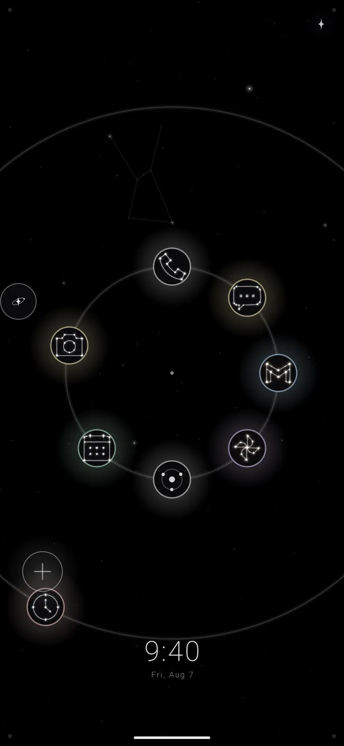 The Zenith home screen with a ring of glowing app-stars bloomed around a fingertip, each app drawn as a small constellation.